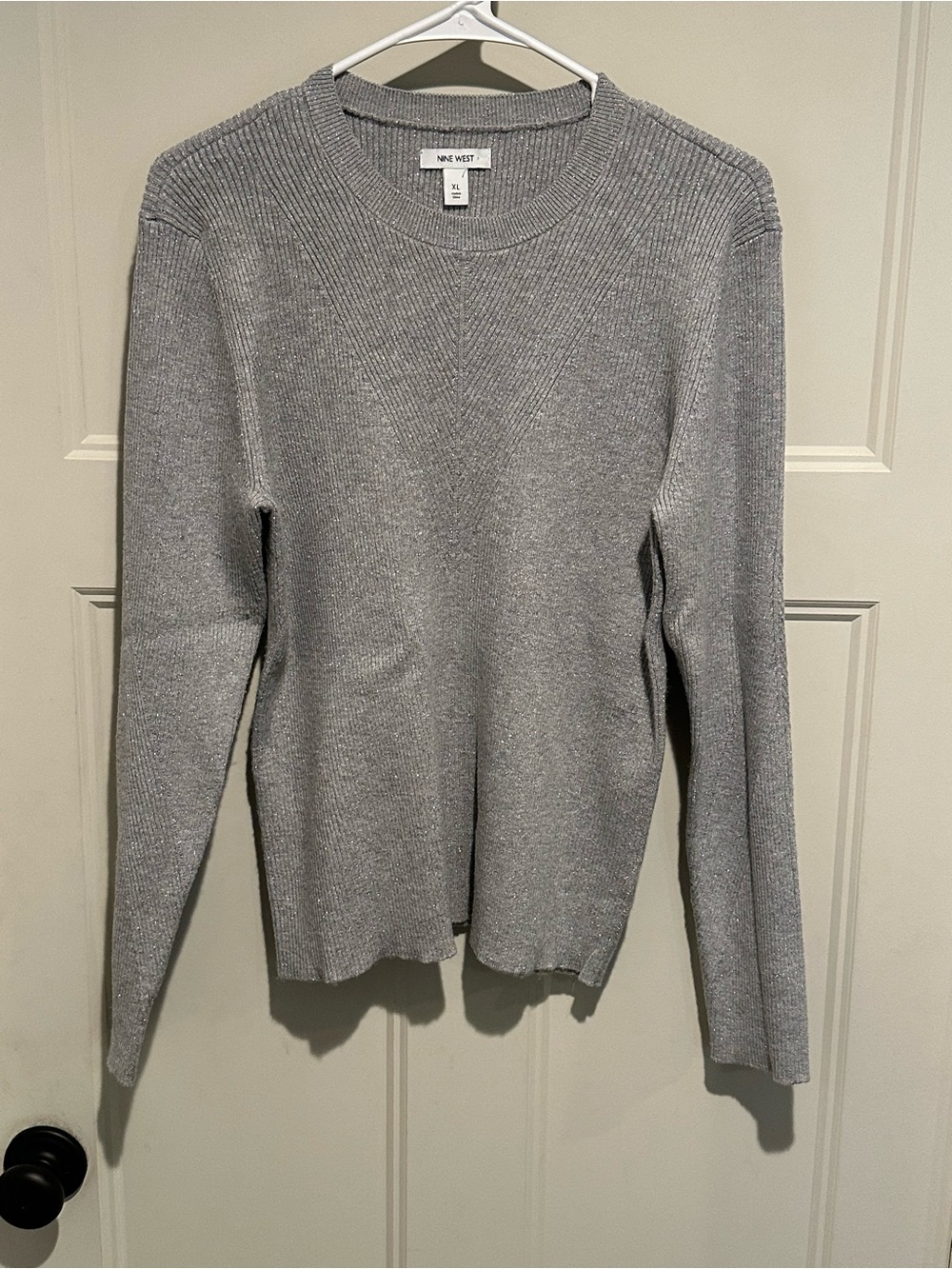 Nine West Metallic Silver Gray Ribbed Crewneck Sweater - XL